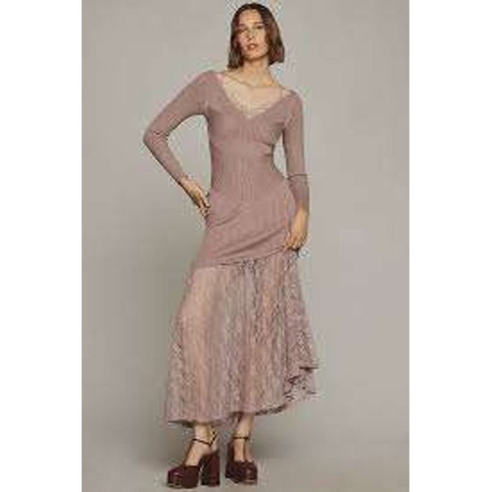 Anthropologie Rose Ribbed VNeck Lace Twofer Sweater Dress XS Coquette Whimsi
